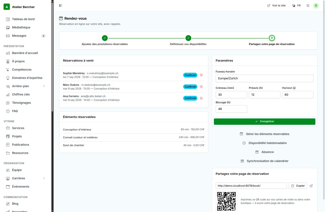 The Appointments screen: three-step progress, upcoming bookings, bookable items, settings and the sharing panel with a QR code.
